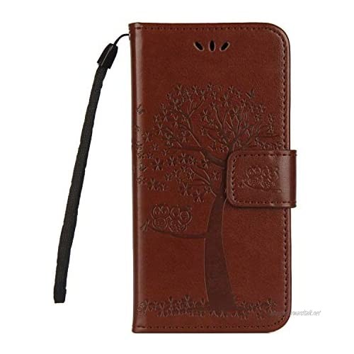 DENDICO Huawei Honor 6A Case Leather Case Wallet Flip Case with Card Holder for Huawei Honor 6A Magnetic Book Cover with Embossed Tree and Owl Design - Brown