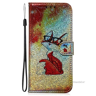 Fatcatparadise Case for Huawei Nova 5I [With Tempered Glass Screen Protector] Bling Glitter Flip Wallet Back Case Colorful Cute Pattern Design Flip PU Leather Case (Red Fox)