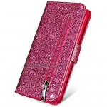 Grandoin Case for Samsung Galaxy S9 Plus Bling Glitter Sparkly PU Leather Pattern Design Magnetic Zipper Wallet Case with Card Slots [Soft Silicone Inner] Flip Notebook Cover Case (Rose Red)