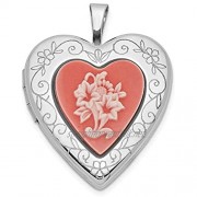 Ryan Jonathan Fine Jewelry Sterling Silver 20mm Pink Resin Cameo Flower Heart Locket Pendant Necklace
