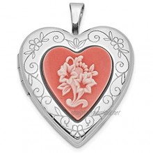 Ryan Jonathan Fine Jewelry Sterling Silver 20mm Pink Resin Cameo Flower Heart Locket Pendant Necklace