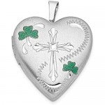 Ryan Jonathan Fine Jewelry Sterling Silver 21mm Brushed/Polish Cross Enameled Clover Heart Locket Pendant Necklace