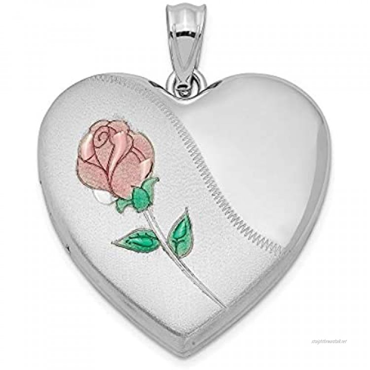 Sterling Silver 24mm Satin Enameled Diamond-Cut Rose Locket Pendant Necklace