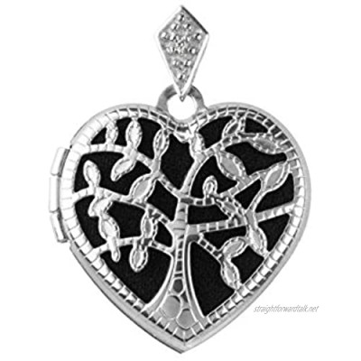 Sterling Silver Locket 17mm Heart Tree Of Life With Cubic Zirconia Set Bail