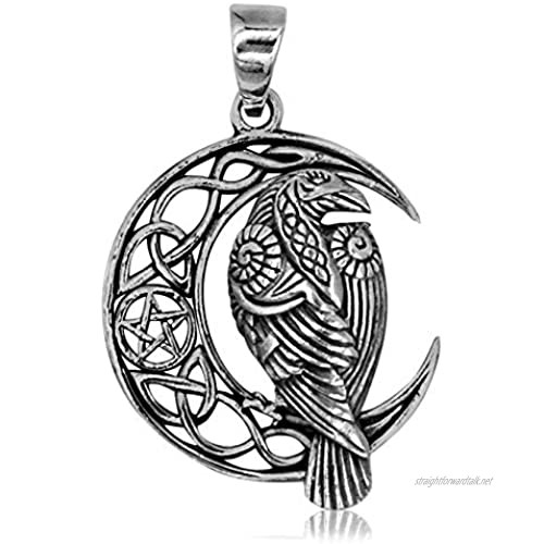 925 Solid Sterling Silver Wicca Neo Pagan Raven with Moon and Pentagram Pendant