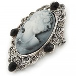 Avalaya Vintage Inspired Crystal 'Lady' Grey Cameo Brooch/Pendant in Antique Silver Tone - 50mm L