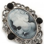 Avalaya Vintage Inspired Crystal 'Lady' Grey Cameo Brooch/Pendant in Antique Silver Tone - 50mm L