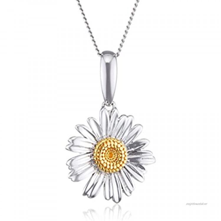 Elements Silver Ladies Rhodium Plated Gold Plate Detail Daisy Pendant of Length 41-46cm