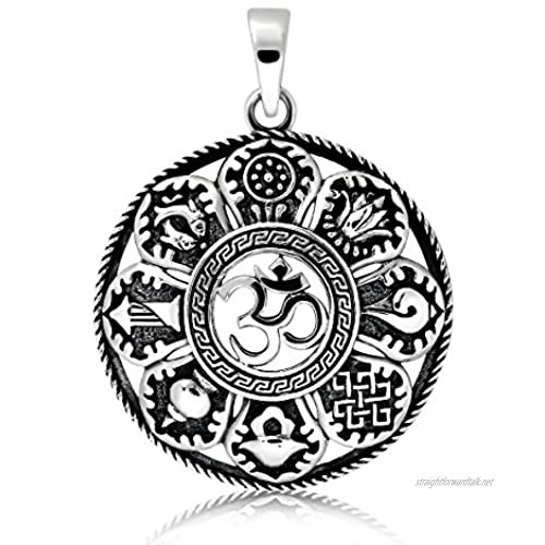 Sistakno Sterling Silver 925 Om Ohm Buddha Tibet Amulet Eight Auspicious Symbol of Buddhism Couch Shell Lotus Golden Fish Wheel Parasol Endless Knot Victory Banner Treasure Vase Pendant