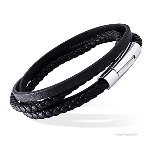 555Jewelry Stainless Steel Braided Wrap Layered Leather Cord Magnetic Bracelet