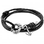 ANCHOR & CREW Coal Black Clyde Anchor Silver and Braided Leather Bracelet - Mens - One Size