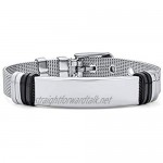 Bling Jewelry Personalize Engravable Identification Name Tag Plate ID Bracelet Wrist Band Belt Buckle Mesh Bracelet for Men Women Silver Tone Stainless Steel Adjustable Custom Engraved