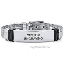 Bling Jewelry Personalize Engravable Identification Name Tag Plate ID Bracelet Wrist Band Belt Buckle Mesh Bracelet for Men Women Silver Tone Stainless Steel Adjustable Custom Engraved