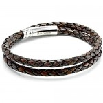 CMJ London Mens Leather & Stainless Steel Wrap Bracelet-Real 5mm Braided Antique Brown Leather Cord Double Wrapped Bracelet