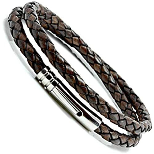 CMJ London Mens Leather & Stainless Steel Wrap Bracelet-Real 5mm Braided Antique Brown Leather Cord Double Wrapped Bracelet