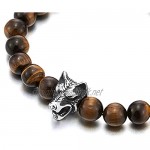 COOLSTEELANDBEYOND 8MM Mens Boys Stretchable Tiger Eye Stones Beads Bracelet with Stainless Steel Wolf Head Prayer