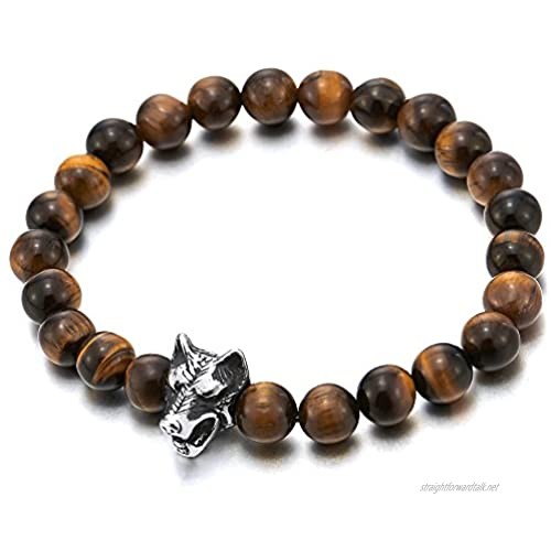 COOLSTEELANDBEYOND 8MM Mens Boys Stretchable Tiger Eye Stones Beads Bracelet with Stainless Steel Wolf Head Prayer