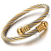 COOLSTEELANDBEYOND Elastic Adjustable Classic Stainless Steel Twisted Cable Cuff Bangle Bracelet for Mens for Women Silver Gold Two-Tone