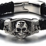 COOLSTEELANDBEYOND Gothic Mens Skull Bracelet Genuine Braided Leather Bracelet Steel Silver Black Two-Tone Polished