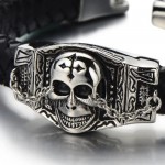 COOLSTEELANDBEYOND Gothic Mens Skull Bracelet Genuine Braided Leather Bracelet Steel Silver Black Two-Tone Polished