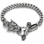 COOLSTEELANDBEYOND Mens Biker Gothic Stainless Steel Wolf Curb Chain Bracelet with Red Cubic Zirconia Toggle Clasp