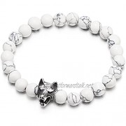 COOLSTEELANDBEYOND Mens Boys 8MM White Gem Stones Bracelet with Stainless Steel Wolf Head Charm Stretchable
