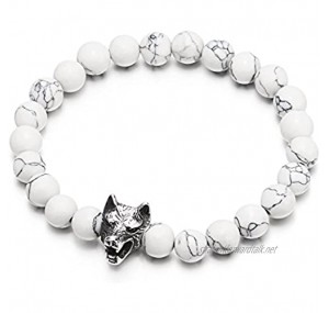 COOLSTEELANDBEYOND Mens Boys 8MM White Gem Stones Bracelet with Stainless Steel Wolf Head Charm Stretchable