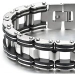 COOLSTEELANDBEYOND Mens Large Silver Steel Motorcycle Bike Chain Bracelet Embedded with Black PU Rubber High Polished