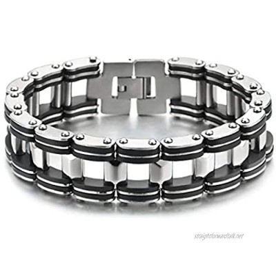 COOLSTEELANDBEYOND Mens Large Silver Steel Motorcycle Bike Chain Bracelet Embedded with Black PU Rubber High Polished