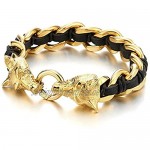 COOLSTEELANDBEYOND Mens Stainless Steel Gold Color Wolf Head Curb Chain Bracelet Interwoven with Black Braided Leather