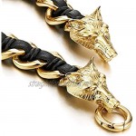 COOLSTEELANDBEYOND Mens Stainless Steel Gold Color Wolf Head Curb Chain Bracelet Interwoven with Black Braided Leather