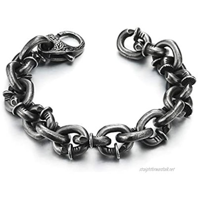 COOLSTEELANDBEYOND Mens Steel Nail Rolo Link Chain Bracelet Tribal Tattoo Pattern Spring Clasp Aged Metal Finishing