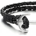 COOLSTEELANDBEYOND Mens Women Marine Anchor Wrap Bracelet Wristband Double-Lap Black Braided Leather Nautical Sailor