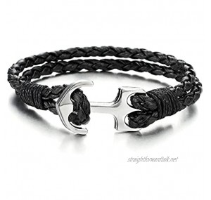 COOLSTEELANDBEYOND Mens Women Marine Anchor Wrap Bracelet Wristband Double-Lap Black Braided Leather Nautical Sailor