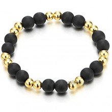 COOLSTEELANDBEYOND Mens Womens Matt Black Onyx Beads Bracelet with Small Gold Color Beads Prayer Mala