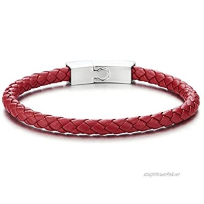COOLSTEELANDBEYOND Unisex Mens Women Thin Red Braided Leather Bracelet Leather Bangle Wristband Steel Magnetic Clasp