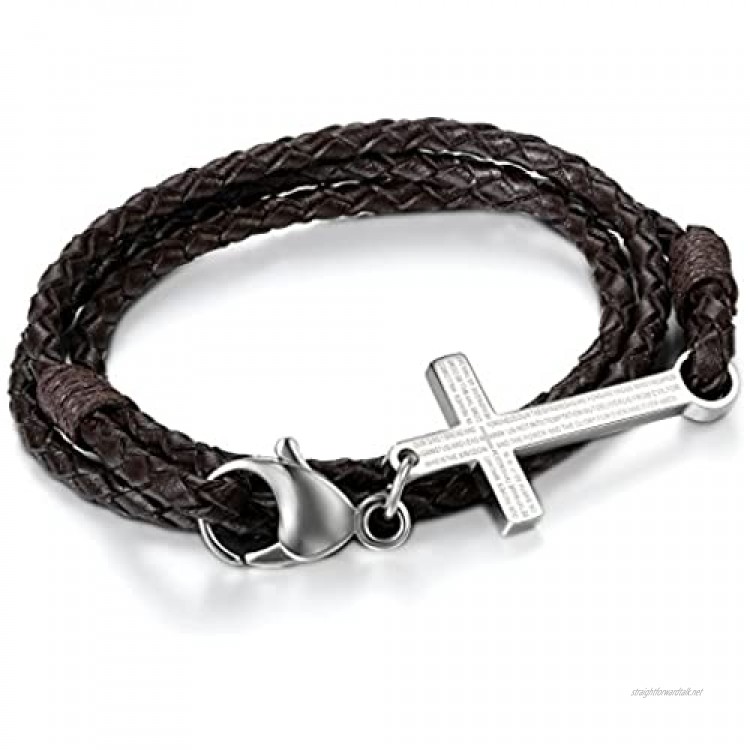 Cupimatch Men Stainless Steel Bible Lords Prayer Cross Rope Wrap Leather Cuff Bracelet