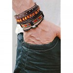 Finrezio 18-21Pcs Leather Bead Tribal Bracelet for Men Women Ethnic Wood Beaded Hemp Bracelets Boho Wristbands