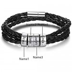 Grand Made Men Personalized Engraved Leather Cord Bracelets Wrist Braided Rope with 4 Names in 925 Sterling Silver for Men Family Dad Father Husband Best Friends Gift for Father's Day