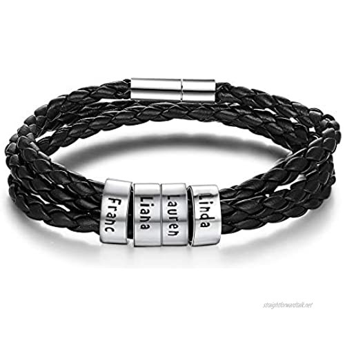 Grand Made Men Personalized Engraved Leather Cord Bracelets Wrist Braided Rope with 4 Names in 925 Sterling Silver for Men Family Dad Father Husband Best Friends Gift for Father's Day