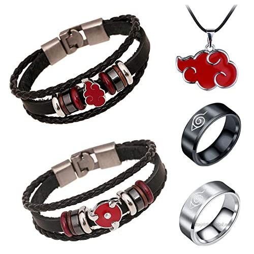 Jintoong 5Pcs Naruto Bracelet Akatsuki Uchiha Itachi Cosplay Accessories Jewelry Red Cloud Metal PU Leather Wristband Bracelet Prop with Necklace Ring