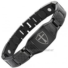 MasonicMan New Mens Black Titanium Bracelet with Black Carbon Fiber Insets Featuring Knights Templar Cross Shield Box and Free Link Removal Tool
