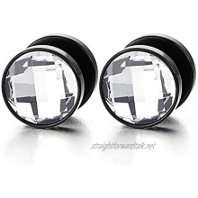 10MM Mens Women Black Circle Stud Earrings with Faceted CZ Steel Cheater Fake Ear Plug Gauges Tunnel