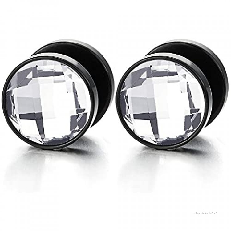 10MM Mens Women Black Circle Stud Earrings with Faceted CZ Steel Cheater Fake Ear Plug Gauges Tunnel