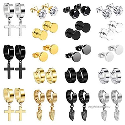 18 Pairs Stainless Steel Dangle Stud Earrings for Men Feather Huggie Hoop Hinged Loop Punk Earring Set Silver Gold Black