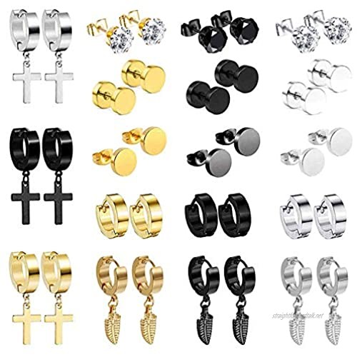 18 Pairs Stainless Steel Dangle Stud Earrings for Men Feather Huggie Hoop Hinged Loop Punk Earring Set Silver Gold Black