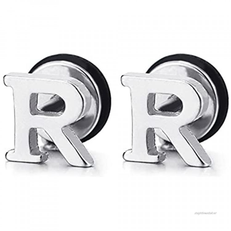 2pcs Alphabet Letter Name Initial R Stud Earrings in Stainless Steel for Men Women Boys Girls Screw Back