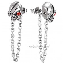 2pcs Steel Mens Womens One-eyed Skull Stud Earrings with Red Cubic Zirconia and Long Chain Link