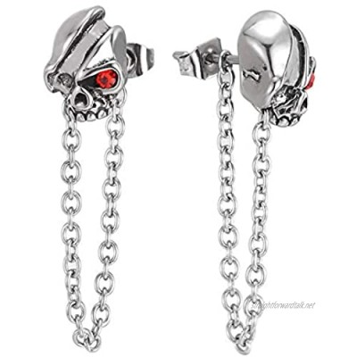 2pcs Steel Mens Womens One-eyed Skull Stud Earrings with Red Cubic Zirconia and Long Chain Link