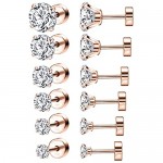 6 Pairs Shiny Round Cubic Zirconia Surgical Steel Stud Earrings Tragus Helix Conch Piercing Cartilage Sets